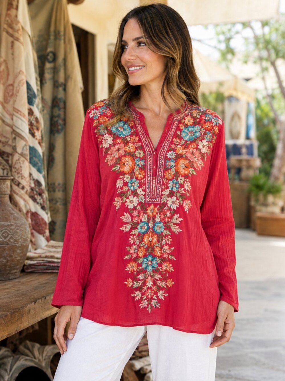 Johnny Was Embroidered Tunic Top Size Small Red